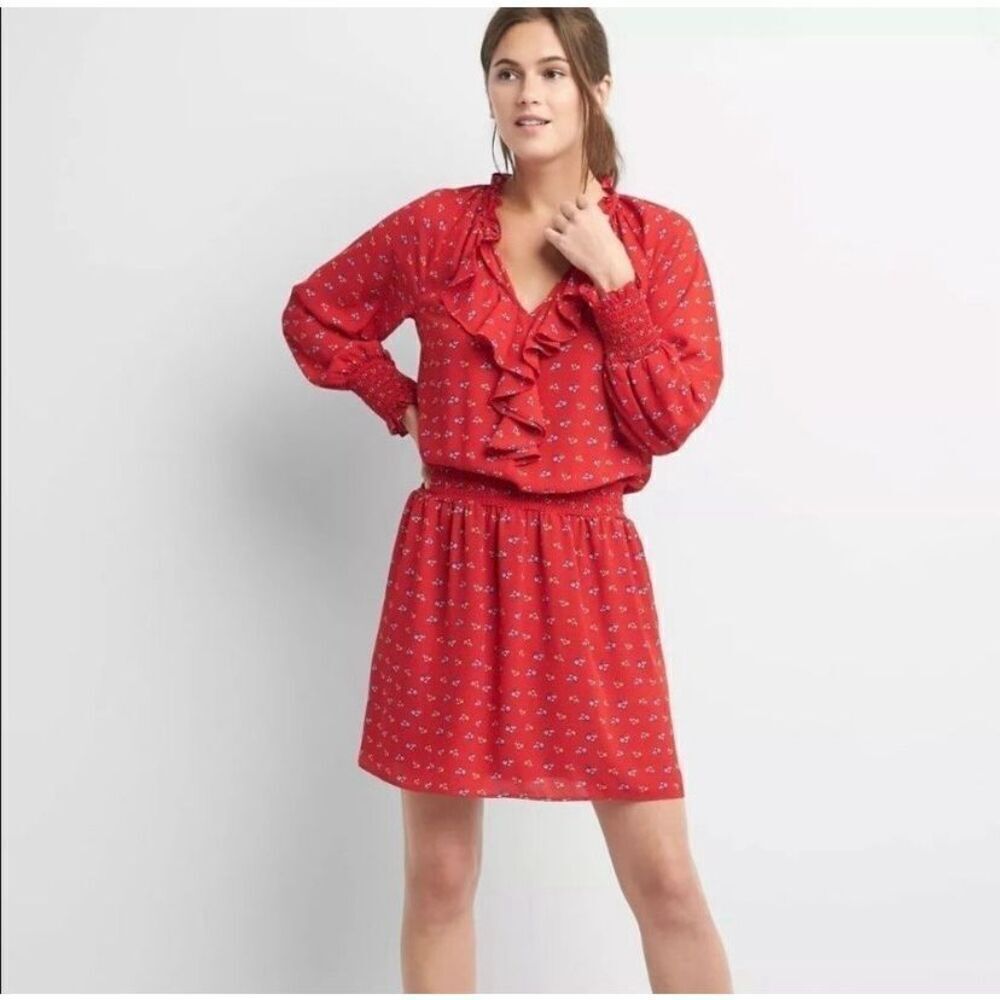 GAP Red Floral Print Long Sleeve Ruffle Dress Medium